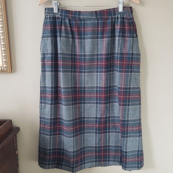 Vintage Gray Red Blue Wool Plaid Tartan Midi Skirt Size Small - Picture 3 of 8